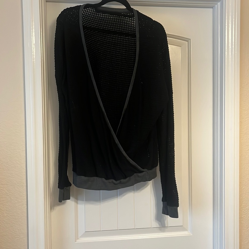 Black and dark gray deep V sweater, mesh material